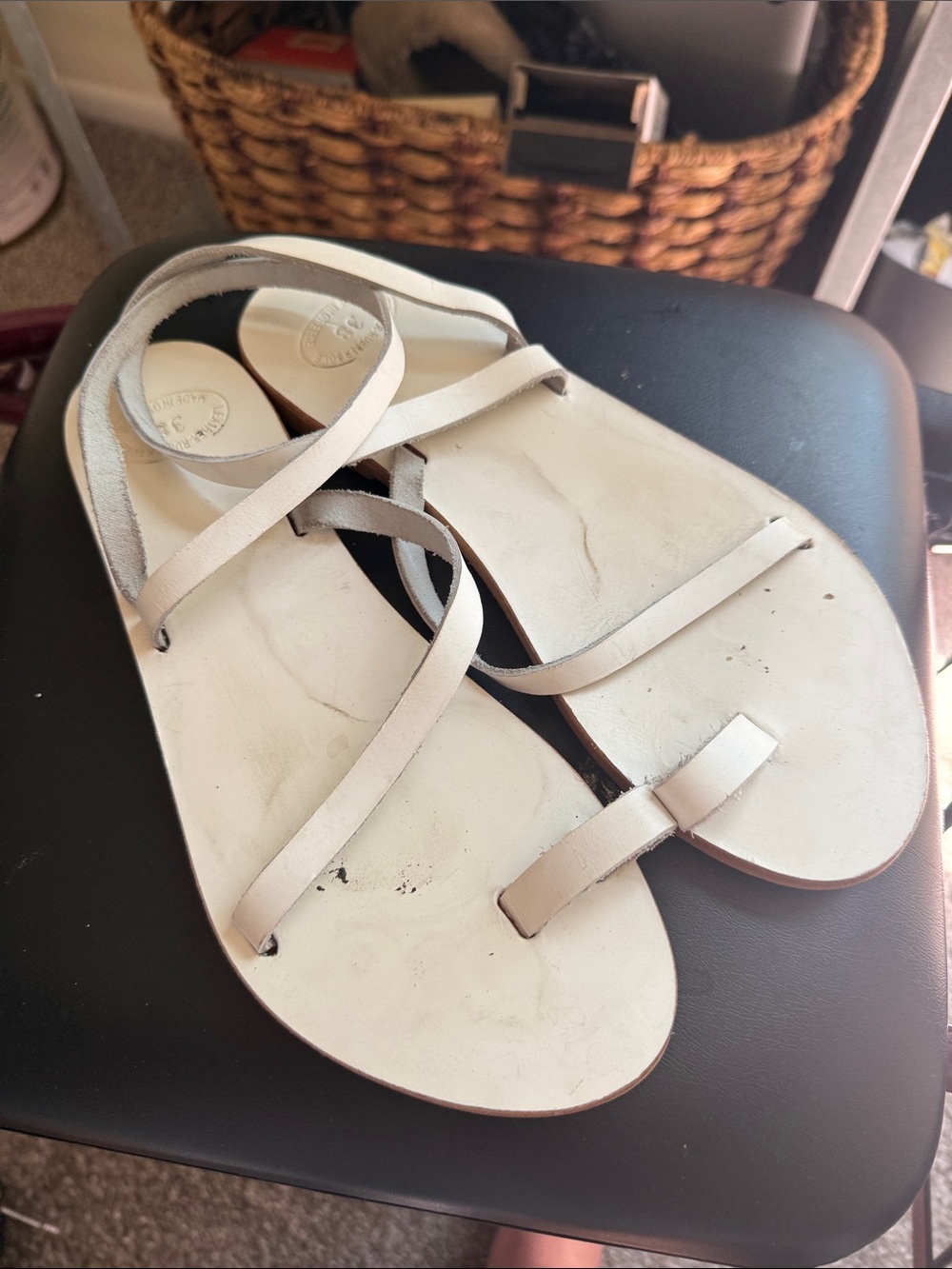 Greek White Leather Strappy Sandals with Toe Loop